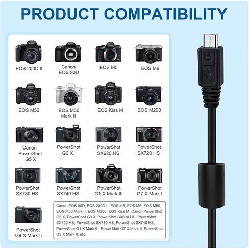 Aquelo Replacement Camera Micro USB Charger Cable Cord Compatible with Canon EOS M5 M6 M50, PowerShot G7X Mark II, G9 X Mark II, SX620 HS, SX720 HS, SX730 HS Cameras, (IFC-600 PCU) in Saudi Arabia