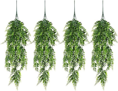 Siyurongg 4 Pcs Artificial Hanging Plants, Fake Boston Ferns, 2.6ft Artificial Hanging Ivy Vines Leaves Greenery Plastic for Wall Indoor Outdoor Hanging Baskets Wedding Party Garland Decor in Kuwait