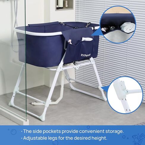 حوض استحمام للكلاب من RYpetmia - ارتفاع قابل للتعديل للاستخدام الداخلي والخارجي، دش الاستحمام والعناية، محطة غسيل محمولة وقابلة للطي للكلاب والقطط، مثالية للحيوانات الأليفة الصغيرة والمتوسطة الحجم (أزرق) in Kuwait