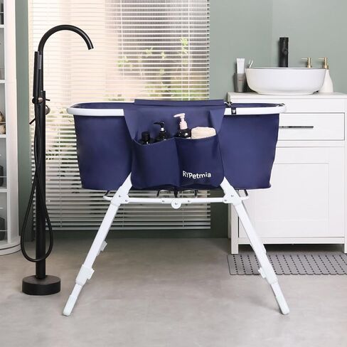 حوض استحمام للكلاب من RYpetmia - ارتفاع قابل للتعديل للاستخدام الداخلي والخارجي، دش الاستحمام والعناية، محطة غسيل محمولة وقابلة للطي للكلاب والقطط، مثالية للحيوانات الأليفة الصغيرة والمتوسطة الحجم (أزرق) in Kuwait