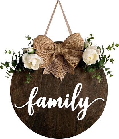 MayAvenue Family Wreaths Decor Sign Front Door, Round Wood Hanging Sign with Ribbon Bow and Artificial Green Leaves, Farmhouse Porch Decorations for Home Thanksgiving, Brown in Kuwait