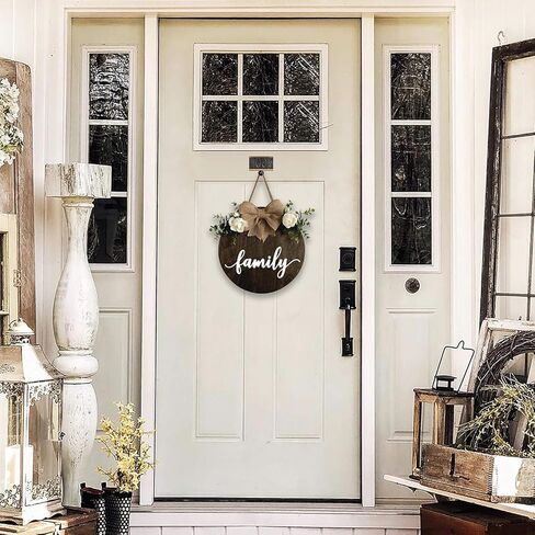 MayAvenue Family Wreaths Decor Sign Front Door, Round Wood Hanging Sign with Ribbon Bow and Artificial Green Leaves, Farmhouse Porch Decorations for Home Thanksgiving, Brown in Kuwait