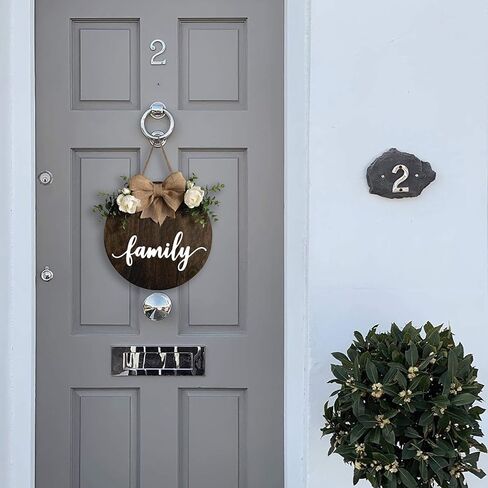 MayAvenue Family Wreaths Decor Sign Front Door, Round Wood Hanging Sign with Ribbon Bow and Artificial Green Leaves, Farmhouse Porch Decorations for Home Thanksgiving, Brown in Kuwait