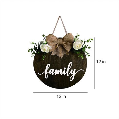 MayAvenue Family Wreaths Decor Sign Front Door, Round Wood Hanging Sign with Ribbon Bow and Artificial Green Leaves, Farmhouse Porch Decorations for Home Thanksgiving, Brown in Kuwait