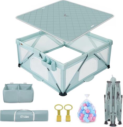 Foldable Baby Playpen 59X59 inch, iTiLike Playpen for Babies and Toddlers with 50 PCS Ocean Balls & 4 Handles, Indoor & Outdoor Kids Safety Play Pen Area, Portable Travel Play Yard in Saudi Arabia