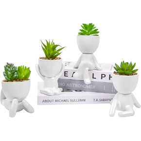 4 PCS Cute Fake Succulent with Creative Human Shaped Pots,Mini Ceramic Plant Potted Succulents for Women Men,Faux Succulents Plants for Office,Home,Bathroom and Shelf Decor (Black)