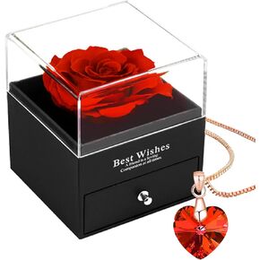 Preserved Rose Box with Necklace- Artificial Eternal Rose with S925 100 Love You Heart Pendant,Enchanted Pink Rose for Mothers Day gift,Rose Gift for Her on Christmas Valentine's Day Anniversary