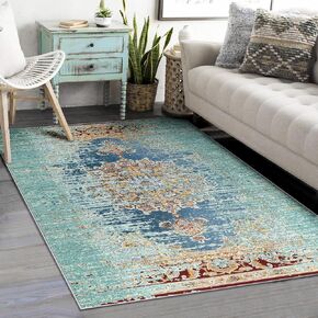 سجاد منطقة meejou مقاس 5x7 لغرفة المعيشة، سجادة قابلة للغسل في الغسالة، سجادة عتيقة متعثرة، سجادة غير قابلة للانزلاق، سجادة منطقة منخفضة الوبر لغرفة المعيشة، غرفة النوم، غرفة الطعام، داخلي، أزرق مخضر in Kuwait