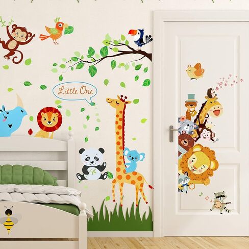 Wall Decals for Nursery Room Animal Tree Wall Stickers Baby Door Cartoon Decor Jungle Safari Giraffe Elephant DIY Children Murals Decoration Removable Wallpaper for Boy Girl Room Bedroom Wardrobe in Saudi Arabia