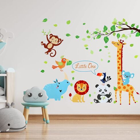 Wall Decals for Nursery Room Animal Tree Wall Stickers Baby Door Cartoon Decor Jungle Safari Giraffe Elephant DIY Children Murals Decoration Removable Wallpaper for Boy Girl Room Bedroom Wardrobe in Saudi Arabia