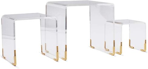pbf Acrylic Display Risers w/ Gold Accents | 3 Tier Perfume Stand Organizer | Clear Acrylic Shelf Riser | Layered, Tiered Acrylic Display Stands for Collectibles, Fragrance Holder, Skincare Stand in Saudi Arabia