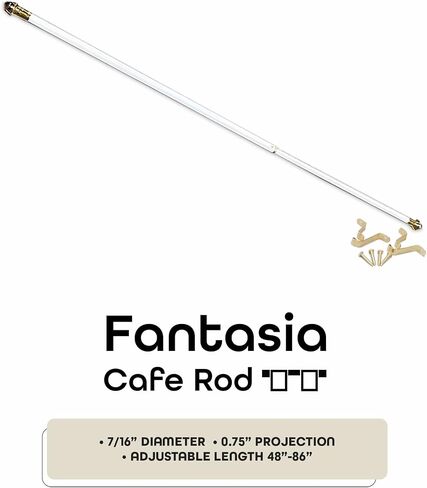 Fantasia Cafe Decorative Window Curtain Rod, 48"- 86" Adjustable Width, 7/16" Diameter, 3/4" Projection - White with Matching Finials - Easy to Install Telescoping Rod - Brackets & Hardware Included in Saudi Arabia