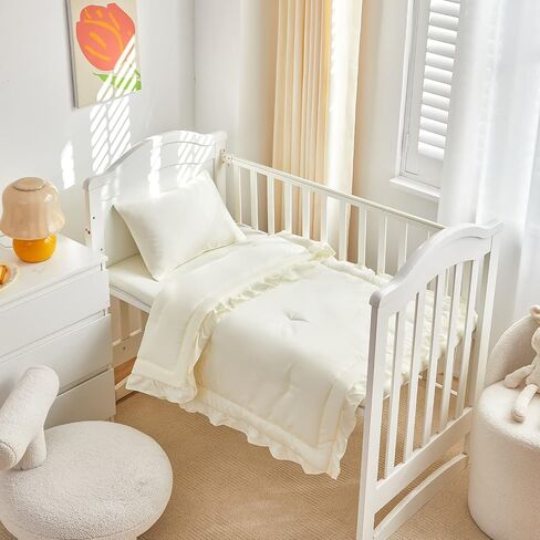 طقم سرير أطفال مكون من 3 قطع من UOZZI BEDDING لحاف مبطن مكشكش مع ملاءة ووسادة - سرير أنيق مكشكش لطيف بتصميم بطانية ناعمة باللون الأبيض الكريمي in Saudi Arabia