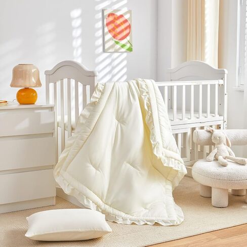 طقم سرير أطفال مكون من 3 قطع من UOZZI BEDDING لحاف مبطن مكشكش مع ملاءة ووسادة - سرير أنيق مكشكش لطيف بتصميم بطانية ناعمة باللون الأبيض الكريمي in Saudi Arabia