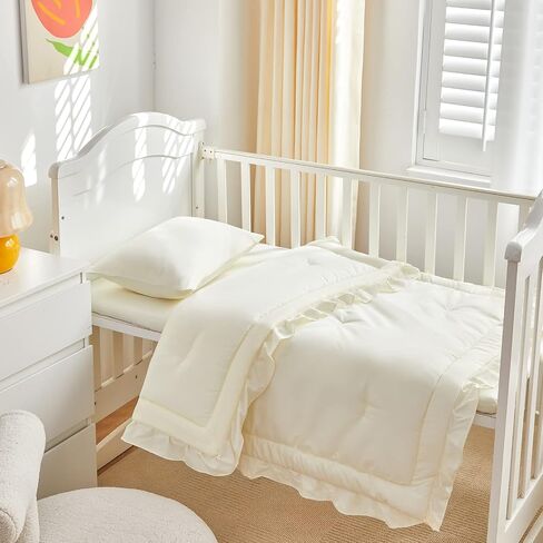 طقم سرير أطفال مكون من 3 قطع من UOZZI BEDDING لحاف مبطن مكشكش مع ملاءة ووسادة - سرير أنيق مكشكش لطيف بتصميم بطانية ناعمة باللون الأبيض الكريمي in Saudi Arabia