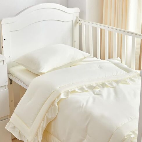 طقم سرير أطفال مكون من 3 قطع من UOZZI BEDDING لحاف مبطن مكشكش مع ملاءة ووسادة - سرير أنيق مكشكش لطيف بتصميم بطانية ناعمة باللون الأبيض الكريمي in Saudi Arabia