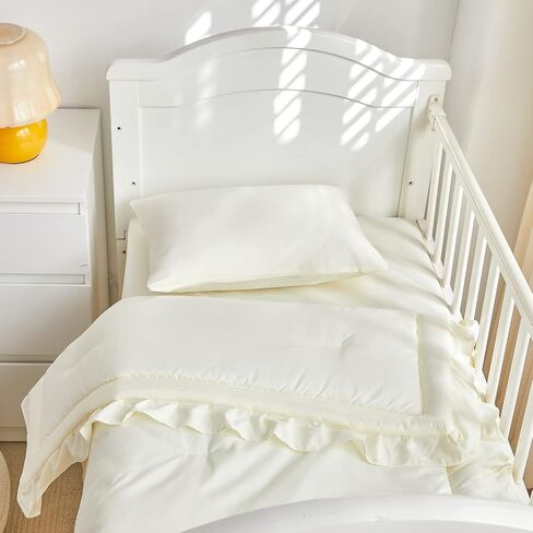 طقم سرير أطفال مكون من 3 قطع من UOZZI BEDDING لحاف مبطن مكشكش مع ملاءة ووسادة - سرير أنيق مكشكش لطيف بتصميم بطانية ناعمة باللون الأبيض الكريمي in Saudi Arabia