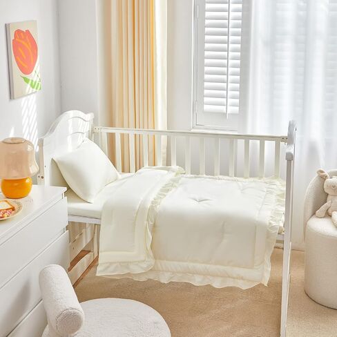 طقم سرير أطفال مكون من 3 قطع من UOZZI BEDDING لحاف مبطن مكشكش مع ملاءة ووسادة - سرير أنيق مكشكش لطيف بتصميم بطانية ناعمة باللون الأبيض الكريمي in Saudi Arabia