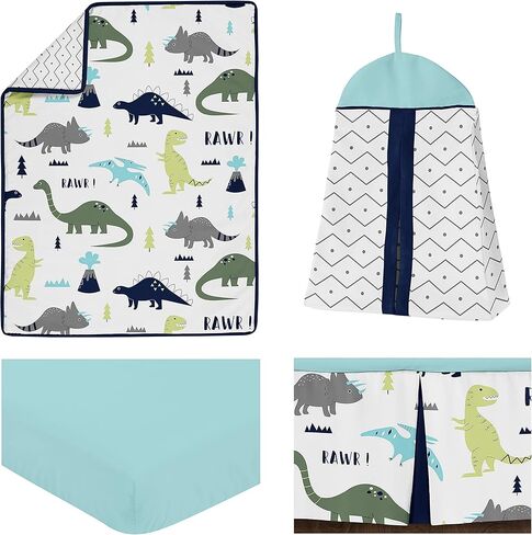 Sweet Jojo Designs Navy Blue and Green Modern Dinosaur Baby Boys or Girls 4 Piece Crib Bedding Set for Mod Dino Collection in Saudi Arabia
