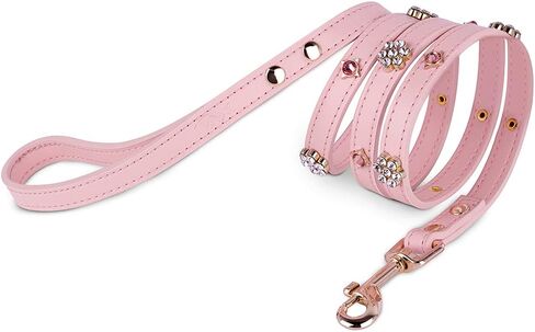 PU Leather Dog Leash with Rhinestone -[X801] Cute Soft Touch Walking Running Leash for Dogs PU Leather Leash for Dogs with Diamond Crystal &Metal Flower Luxury Dog Leash for Small Medium Dogs & Cats in Kuwait
