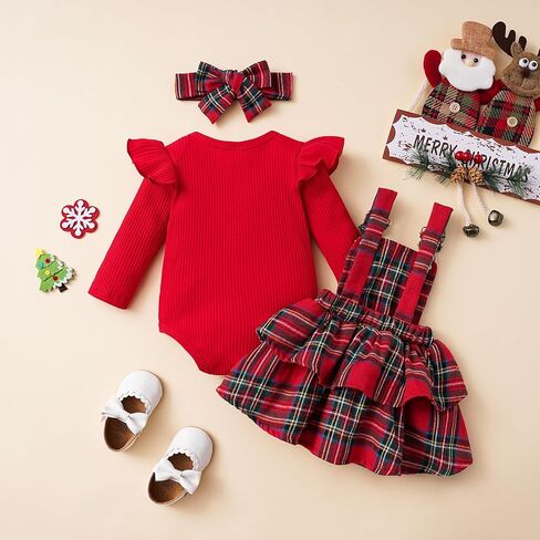 WZTYYDS Newborn Baby Girl Christmas Outfits Ruffle Deer Romper Red Plaid Bodysuit Suspender Skirt Fall Winter Clothes Set in Kuwait
