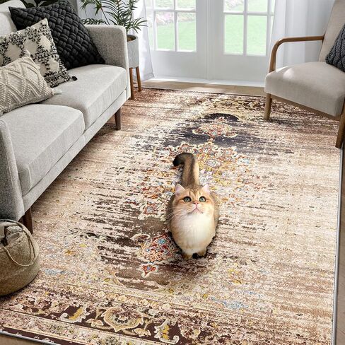 سجاد منطقة meejou مقاس 5x7 لغرفة المعيشة، سجادة قابلة للغسل في الغسالة، سجادة عتيقة متعثرة، سجادة غير قابلة للانزلاق، سجادة منطقة منخفضة الوبر لغرفة المعيشة، غرفة النوم، غرفة الطعام، داخلي، أزرق مخضر in Kuwait