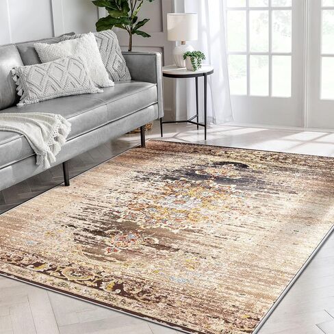 سجاد منطقة meejou مقاس 5x7 لغرفة المعيشة، سجادة قابلة للغسل في الغسالة، سجادة عتيقة متعثرة، سجادة غير قابلة للانزلاق، سجادة منطقة منخفضة الوبر لغرفة المعيشة، غرفة النوم، غرفة الطعام، داخلي، أزرق مخضر in Kuwait