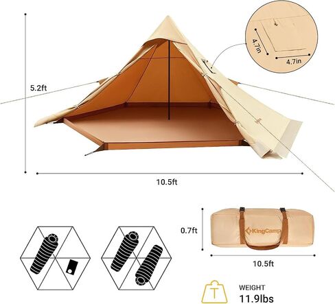 KingCamp Hot Tent with Stove Jack, 4 Season Cotton Tipi Tent for Camping, Lightweight Portable with Carry Bag, Foldable Snow Skirt, Set-up Rainfly, Glamping Hiking Backpacking, Windproof, Rainproof in Saudi Arabia