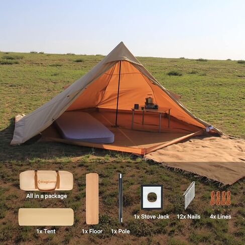 KingCamp Hot Tent with Stove Jack, 4 Season Cotton Tipi Tent for Camping, Lightweight Portable with Carry Bag, Foldable Snow Skirt, Set-up Rainfly, Glamping Hiking Backpacking, Windproof, Rainproof in Saudi Arabia