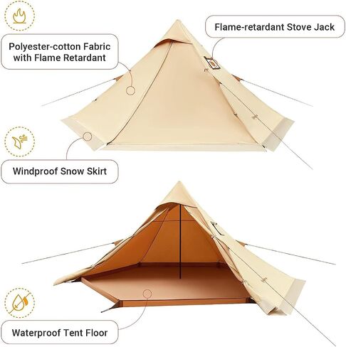 KingCamp Hot Tent with Stove Jack, 4 Season Cotton Tipi Tent for Camping, Lightweight Portable with Carry Bag, Foldable Snow Skirt, Set-up Rainfly, Glamping Hiking Backpacking, Windproof, Rainproof in Saudi Arabia