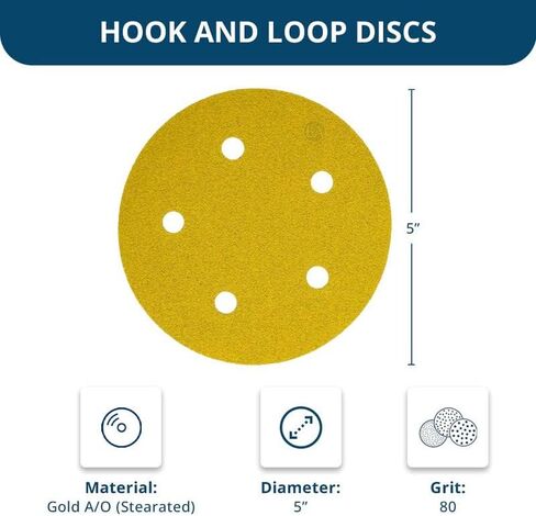 Benchmark Abrasives 5" Premium Aluminum Oxide Stearated Gold 5 Holes Hook and Loop Discs for Sanding of Metals Non-Ferrous Metals Wood Plastic Fiberglass (Pack of 50) - 120 Grit in Saudi Arabia