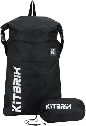 حقيبة ظهر للسفر من KitBrix POKIT Day Pack - حقيبة للسباحة والجيم لممارسة الرياضة في الهواء الطلق - حقيبة ظهر مقاومة للماء قابلة للطي 25 لتر - أسود/أزرق in Kuwait