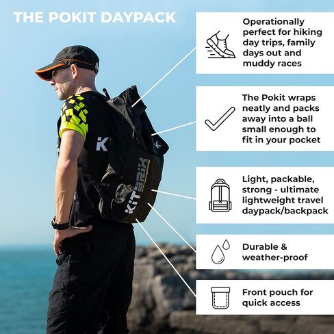 حقيبة ظهر للسفر من KitBrix POKIT Day Pack - حقيبة للسباحة والجيم لممارسة الرياضة في الهواء الطلق - حقيبة ظهر مقاومة للماء قابلة للطي 25 لتر - أسود/أزرق in Kuwait