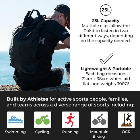 حقيبة ظهر للسفر من KitBrix POKIT Day Pack - حقيبة للسباحة والجيم لممارسة الرياضة في الهواء الطلق - حقيبة ظهر مقاومة للماء قابلة للطي 25 لتر - أسود/أزرق in Kuwait