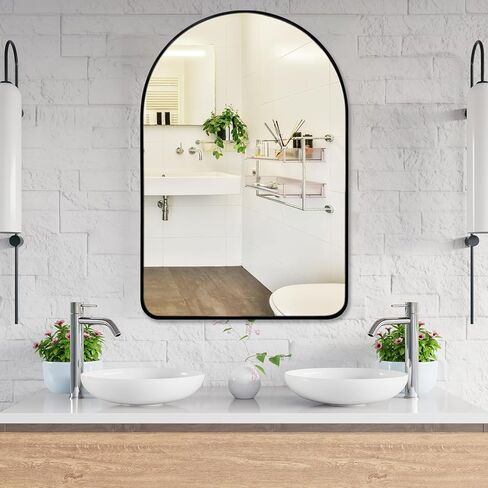 POUKROO Wall Mirror for Bathroom,24''x36'' Large Arched Make Up Mirror Wall Mount,Durable Metal Backboard,Black Aluminum Thin Framed Vanity Mirror for Bedroom Bathroom Living Room Entryway in Kuwait