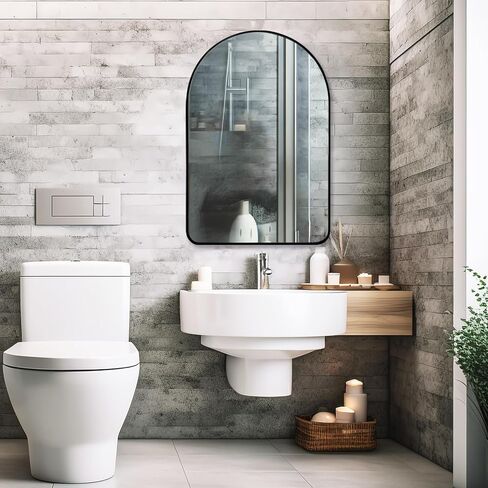 POUKROO Wall Mirror for Bathroom,24''x36'' Large Arched Make Up Mirror Wall Mount,Durable Metal Backboard,Black Aluminum Thin Framed Vanity Mirror for Bedroom Bathroom Living Room Entryway in Kuwait