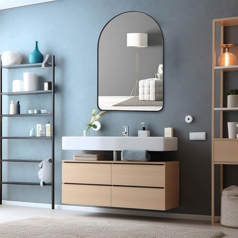 POUKROO Wall Mirror for Bathroom,24''x36'' Large Arched Make Up Mirror Wall Mount,Durable Metal Backboard,Black Aluminum Thin Framed Vanity Mirror for Bedroom Bathroom Living Room Entryway in Kuwait