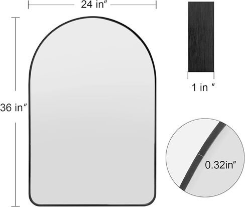 POUKROO Wall Mirror for Bathroom,24''x36'' Large Arched Make Up Mirror Wall Mount,Durable Metal Backboard,Black Aluminum Thin Framed Vanity Mirror for Bedroom Bathroom Living Room Entryway in Kuwait