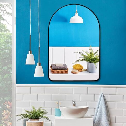 POUKROO Wall Mirror for Bathroom,24''x36'' Large Arched Make Up Mirror Wall Mount,Durable Metal Backboard,Black Aluminum Thin Framed Vanity Mirror for Bedroom Bathroom Living Room Entryway in Kuwait
