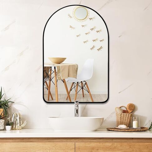 POUKROO Wall Mirror for Bathroom,24''x36'' Large Arched Make Up Mirror Wall Mount,Durable Metal Backboard,Black Aluminum Thin Framed Vanity Mirror for Bedroom Bathroom Living Room Entryway in Kuwait