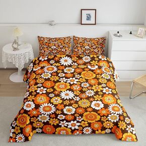 Feelyou 60S 70S Groovy Comforter Set Kids Retro Hippie Flower Comforter for Boys Teens Vintage Boho Plant Floral Bedding Set Botanical Blossom Brown Duvet Set Room Decor Quilt Set Twin Size in Kuwait