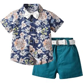 Volunboy Toddler Boy Hawaiian Short Sets Short Sleeve Button Down Shirts Shorts Suit Kids 2 Piece Summer Clothes with Bow Tie