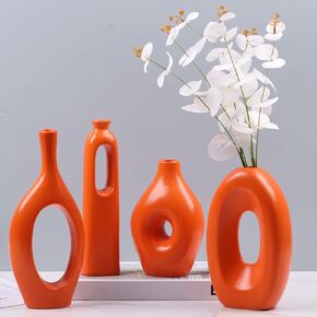 Black Ceramic Vase for Home Decor Set of 4 - Oval Hollow Vase Nordic Black Round Vase for Pampas Grass, Modern Decorative Flowers Vase for Living Room, Office, Mantel, Entryway, Table Centerpieces