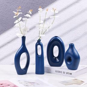 Black Ceramic Vase for Home Decor Set of 4 - Oval Hollow Vase Nordic Black Round Vase for Pampas Grass, Modern Decorative Flowers Vase for Living Room, Office, Mantel, Entryway, Table Centerpieces in Kuwait