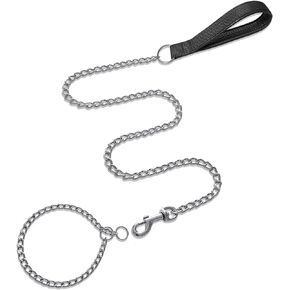 LOS ANDES Metal Dog Leash and Collar Set, 4FT Chew Proof Leash Heavy Duty Dog Chain Leash for Medium Large Dogs Comfortable Soft Padded Handle with Anti Bite Slip Chain Collar (4FT Black) in Kuwait