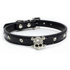 Pimaodog Cute Dazzling Sparkling Elegant Fancy Skull Diamond Crystal Rhinestone Leather Small Pet Dog Cat Collar Puppy (S:21-27CM, Black)