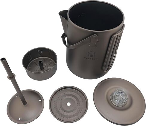 وعاء قهوة Valtcan Titanium Percolator سعة 1.5 لتر، غلاية تخييم خفيفة الوزن سعة 50 أونصة سائلة، مقبض زجاجي بسعة 6 أكواب، 395 جرام، غلاية مدمجة in Kuwait