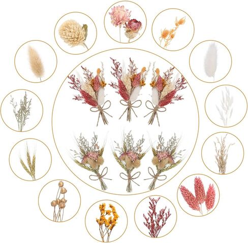 Auidy_6TXD 6 قطع من باقات الزهور المجففة، زهور مجففة صغيرة طبيعية، باقات قمح، قطع مركزية للطاولة، صندوق هدايا لوصيفة العروس، زهرة فتاة لحفلات زفاف بوهو، كعك عيد الميلاد، ديكور زجاجة الطاولة in Kuwait