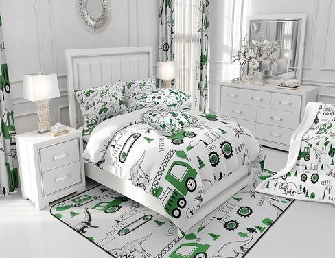 مجموعة لحاف بناء الأطفال من Feelyou Kids مقاس مزدوج لمركبات البناء للأولاد لحاف ديناصور شاحنة دينو الغابة الخضراء مجموعة لحاف غرفة النوم 2 قطعة in Kuwait