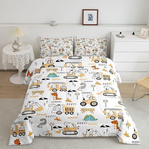 مجموعة لحاف بناء الأطفال من Feelyou Kids مقاس مزدوج لمركبات البناء للأولاد لحاف ديناصور شاحنة دينو الغابة الخضراء مجموعة لحاف غرفة النوم 2 قطعة in Kuwait